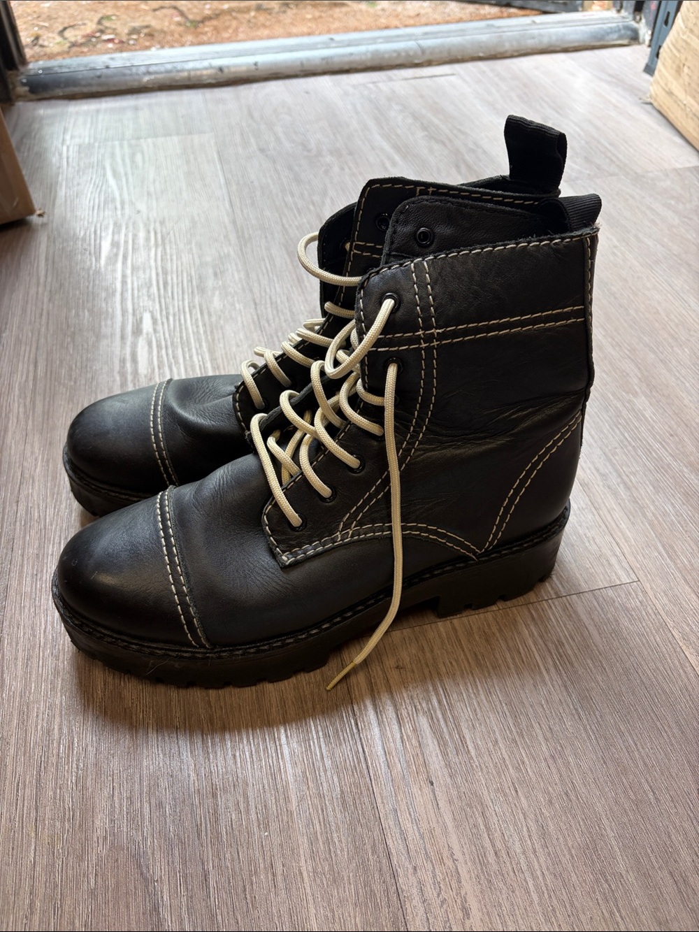 Urban Outfitters Black Lace-Up Combat Boots with White Stitching